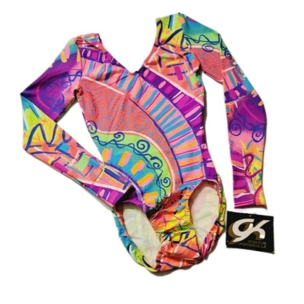 GK Elite VTG 80s Abstract Bold Neon LS Cotton Leotard Bodysuit Size AS Adult S